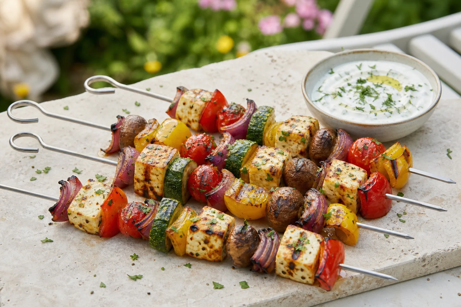 Špízy s halloumi, paprikou, cibulí a cuketou